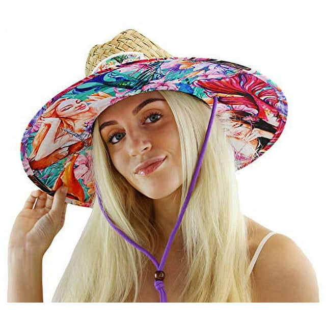Woman's Sun Hat, Mermaid Straw Hat with Fabric Pattern Print Lifeguard Hat, Beach, Ocean, Pool, Walking, and Outdoor, Summer Hat, Fits All, Malabar Hat Co