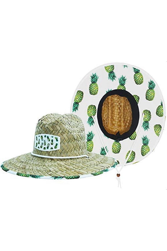 Woman's Sun Hat, Pineapple Straw Hat with Fabric Pattern Print Lifeguard Hat, Beach, Ocean, Pool, Walking, and Outdoor, Summer Hat, Fits All, Malabar Hat Co