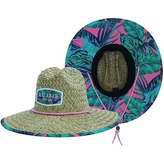 Woman's Sun Hat, Pink Palms Straw Hat with Fabric Pattern Print Lifeguard Hat, Beach, Ocean, Pool, Walking, and Outdoor, Summer Hat, Fits All, Malabar Hat Co