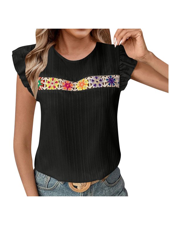 Woman's Tank Tops Women's Fashion Crewneck Tank Shirt Lace Cap Sleeve Tank Vest Color Block Print Tank Tops