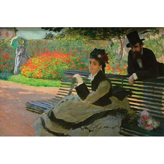 Woman sits on slatted garden bench, a woman with parasol far to the rear in the garden as a man in top hat and beard leans over the bench Poster Print by Claude Monet (18 x 24)