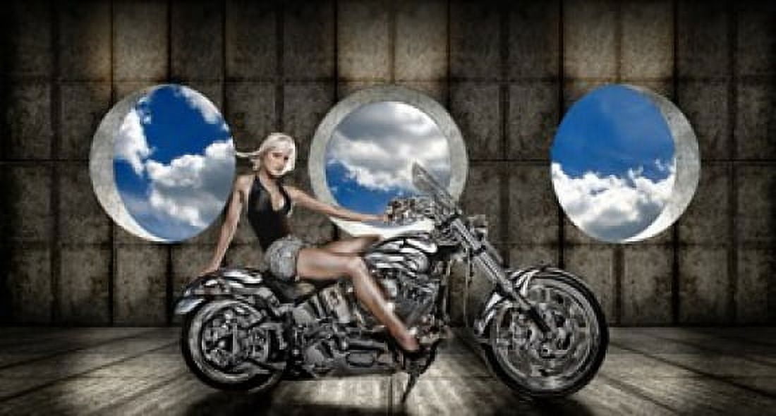 Woman sitting on a motorcycle Canvas Art - Panoramic Images (24 x 12)