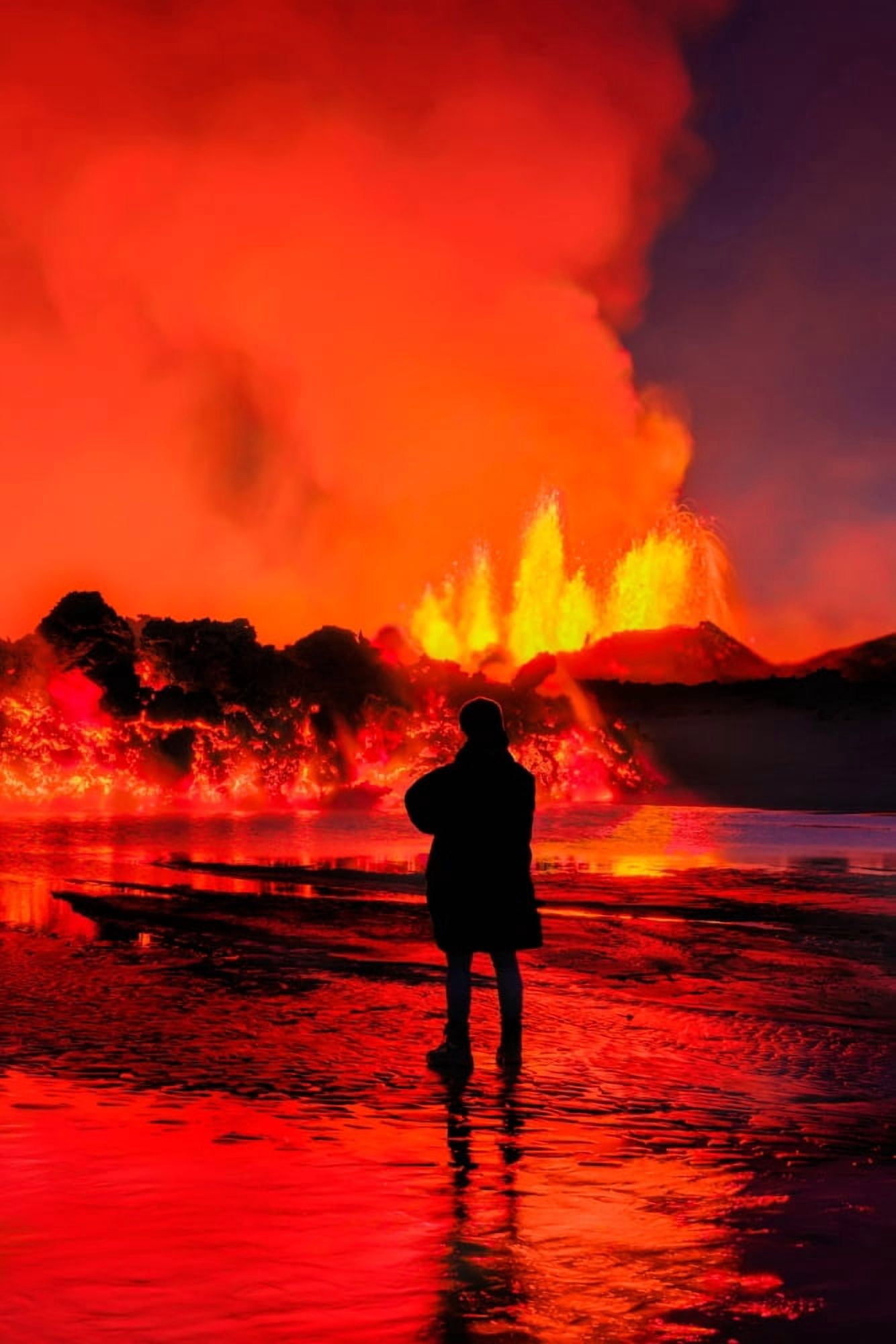 Woman watching the lava flow at the Holuhraun Fissure eruption near Bardarbunga Volcano Iceland Canvas Art - Panoramic Images (27 x 9)