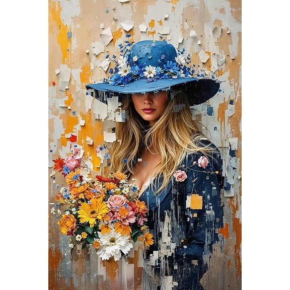 Woman with Blue Hat and Flowers – Modern Digital Impressionist Art Poster 【Coated Paper】
