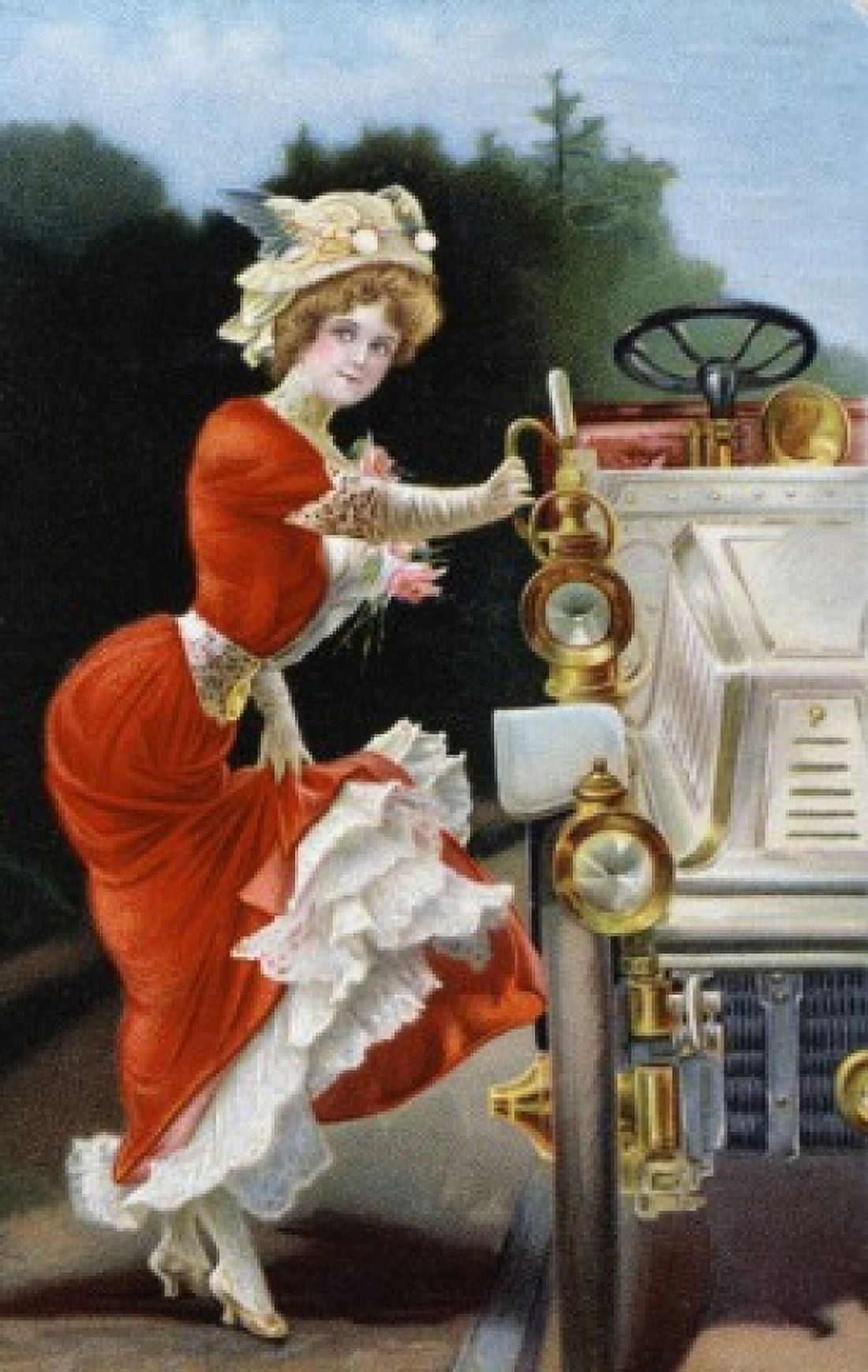 Woman with Car Nostalgia Cards Canvas Art - (24 x 36)