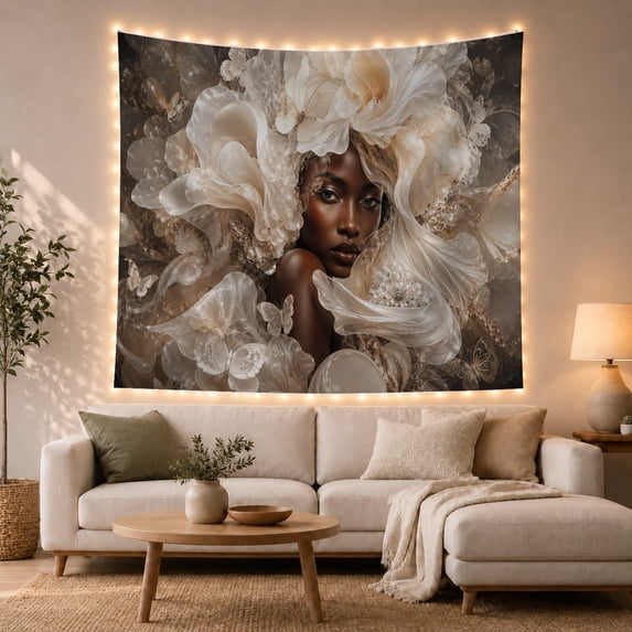 Woman with Cream White Flowers Portrait Tapestry Wall Hanging