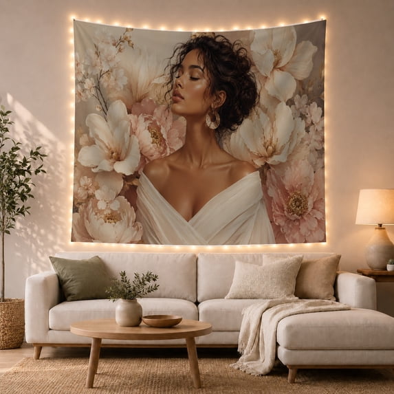Woman with Cream White Flowers Portrait Tapestry Wall Hanging