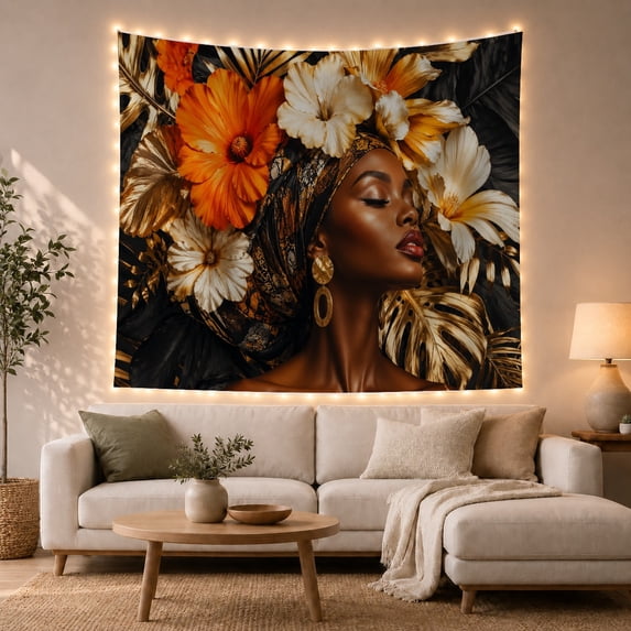 Woman with Cream White Flowers Portrait Tapestry Wall Hanging