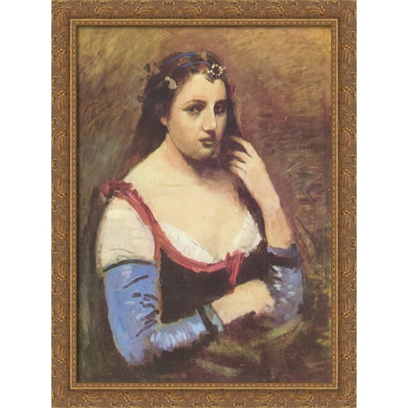 Woman with Daisies 28x36 Large Gold Ornate Wood Framed Canvas Art by Camille Corot