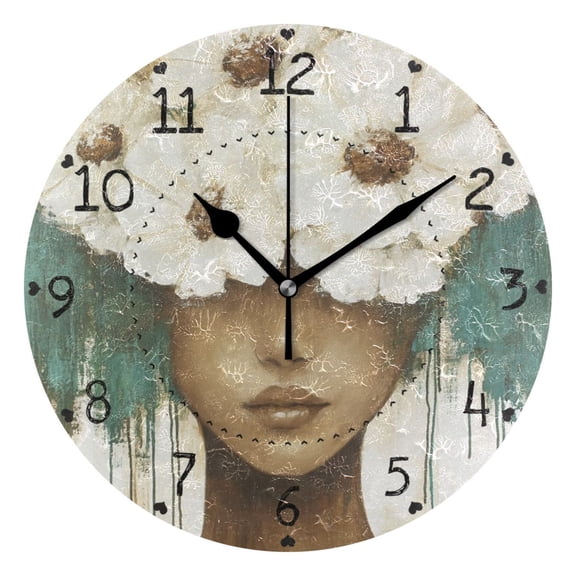 Woman with Daisy Flower Round Wall Clock Silent Battery Operated Home Decor for Living Room Bedroom