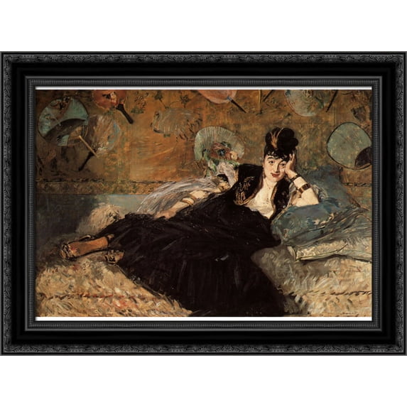 Woman with Fans 24x19 Black Ornate Wood Framed Canvas Art by Manet, Eduard