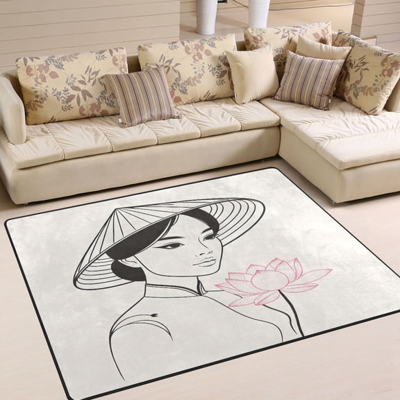 Woman with Lotues Area Rug Washable 80 x 58 Floor Carpet Mat Non Slip for Bedroom Living Room Home Decor