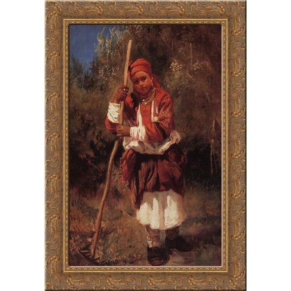 Woman with Rake 20x24 Gold Ornate Wood Framed Canvas Art by Makovsky, Konstantin