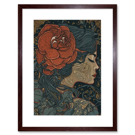 Woman with Rose in her Hair Linocut Illustration Artwork Framed Wall Art Print 9X7 Inch