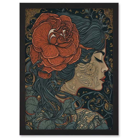 Woman with Rose in her Hair Linocut Illustration Artwork Framed Wall Art Print A4