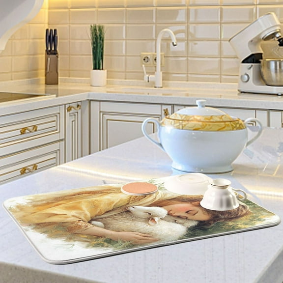 Woman with The Sheep Dish Drying Mats for Kitchen Counter Absorbent Microfiber Coffee Pad