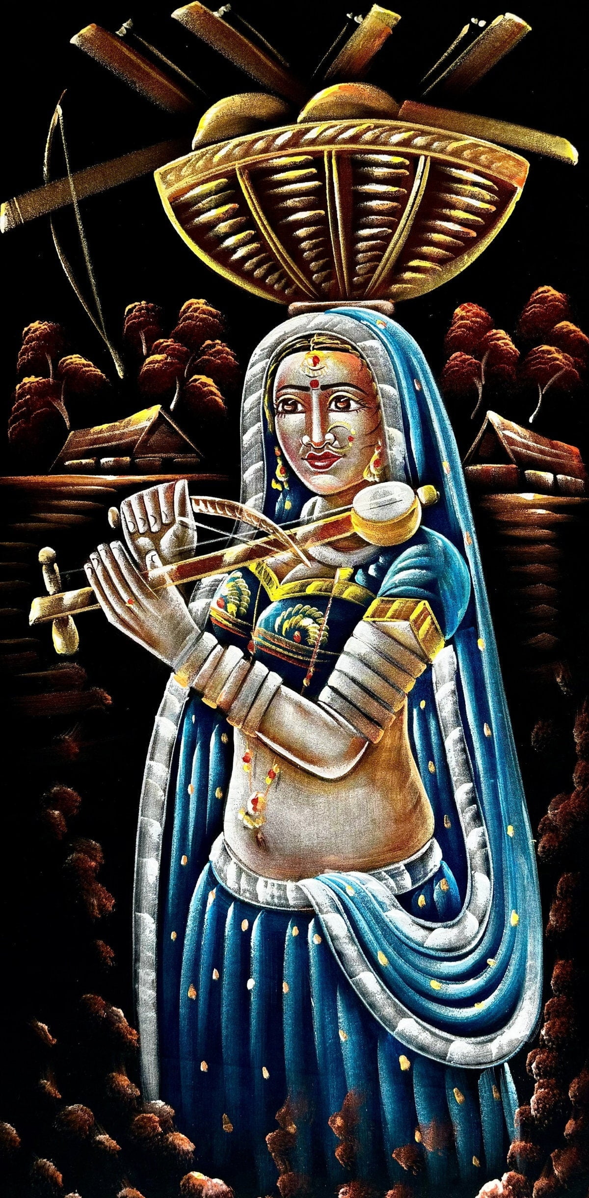 Woman with Traditional Musical Instrument Handmade Velvet Painting (122x60 cm) | Fabric Painting | Wall Painting | Home Decor