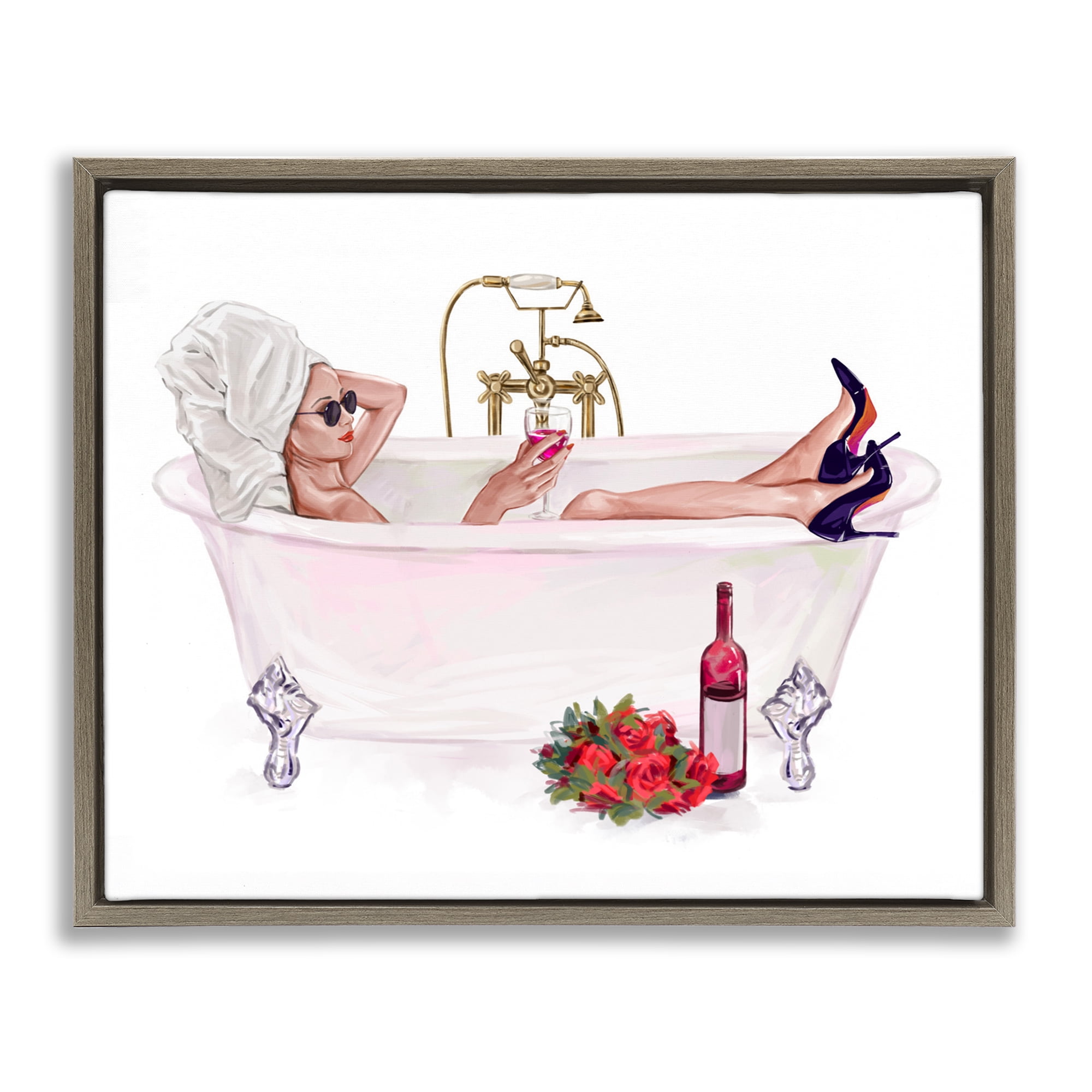 Woman with Wine Bath Brown Framed Floater Canvas Wall Art, design by Ziwei Li