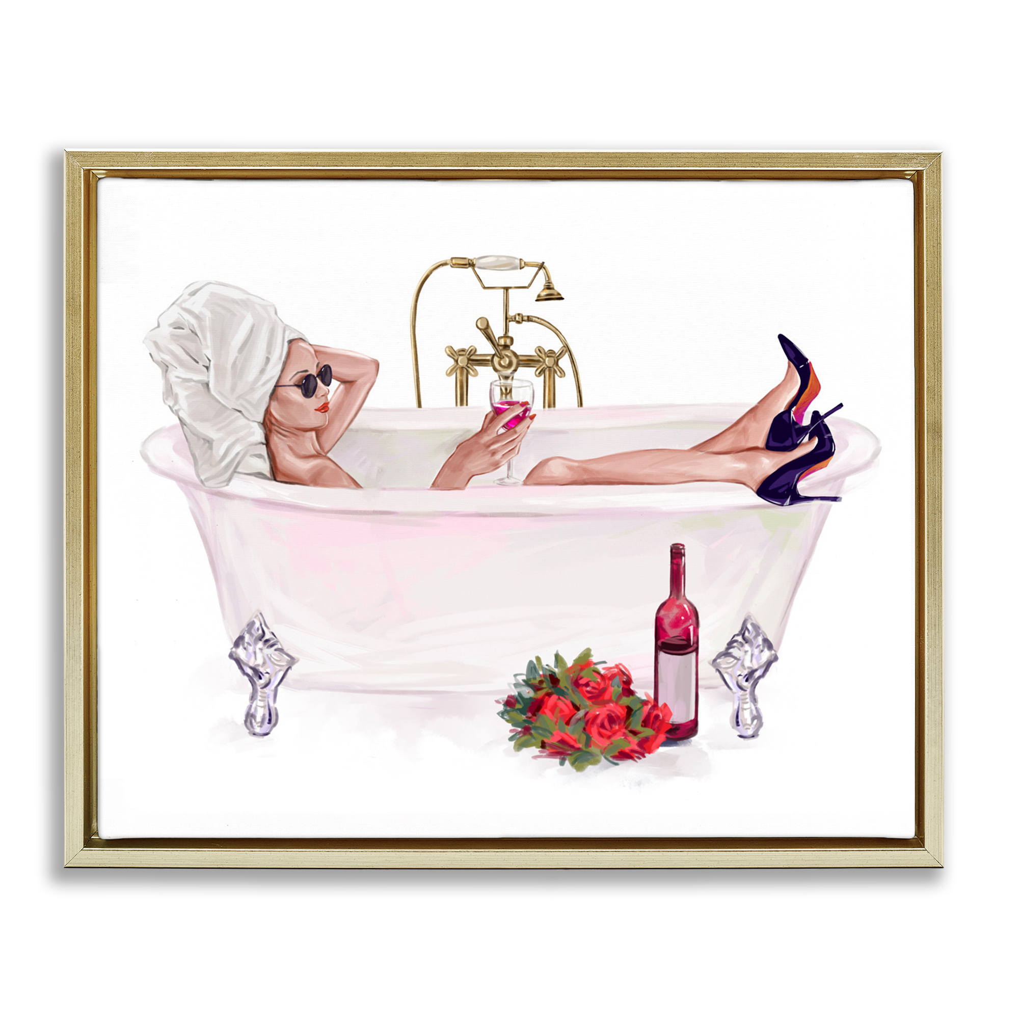 Woman with Wine Bath Gold Framed Floater Canvas Wall Art, design by Ziwei Li