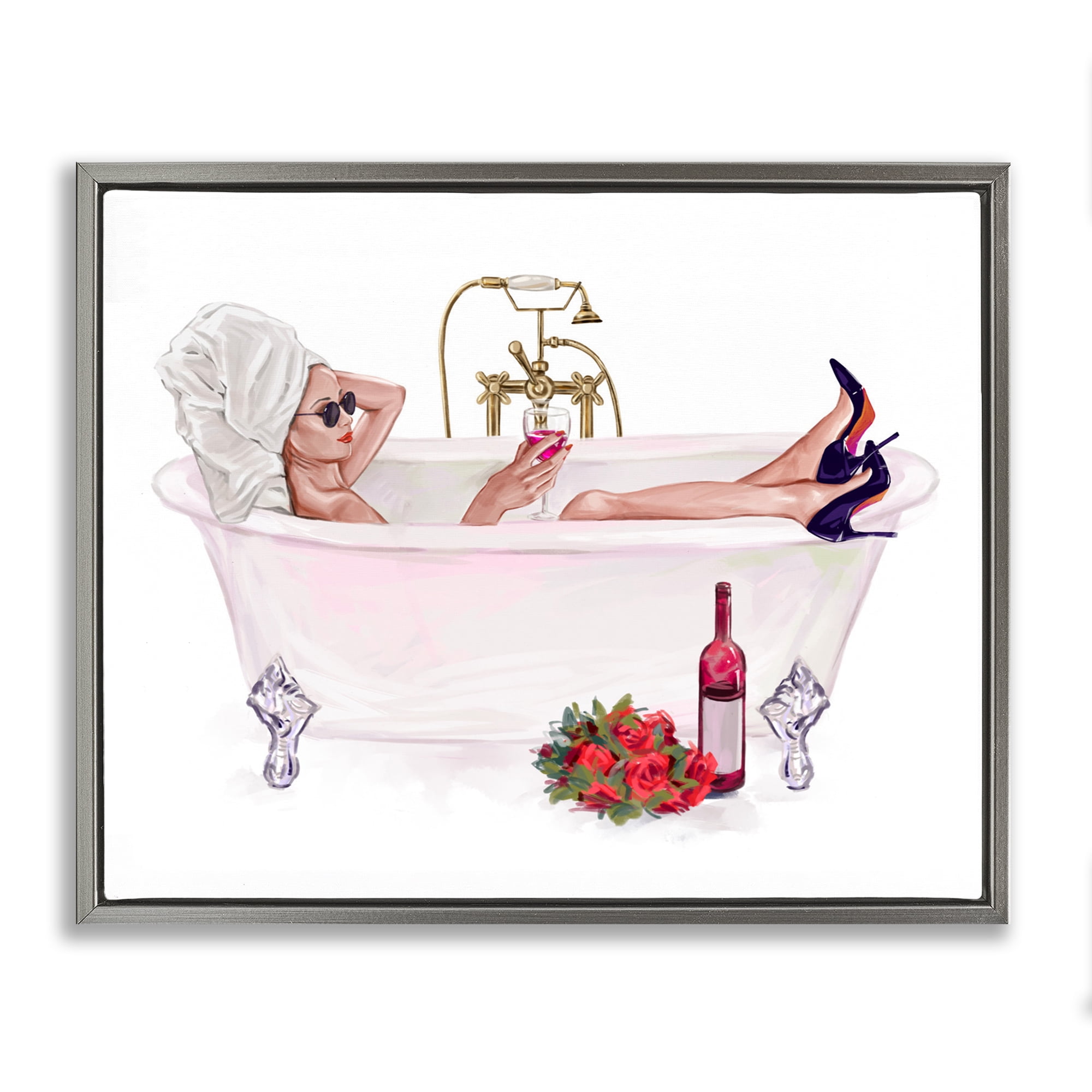 Woman with Wine Bath Gray Framed Floater Canvas Wall Art, design by Ziwei Li