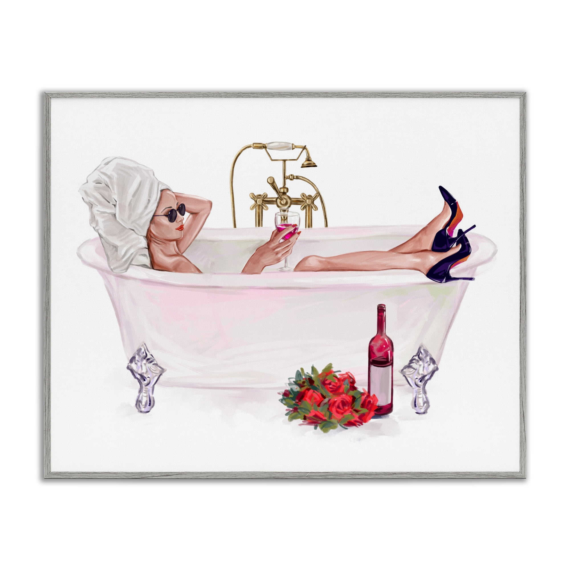 Woman with Wine Bath Gray Framed Giclee Art, design by Ziwei Li