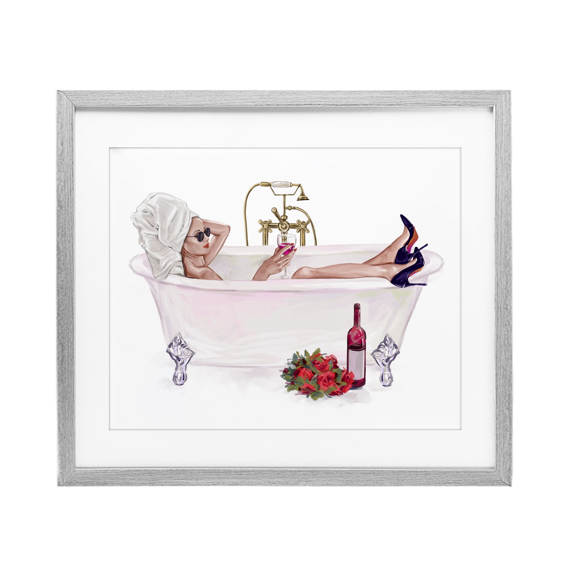 Woman with Wine Bath Gray Framed Print Under Glass, design by Ziwei Li