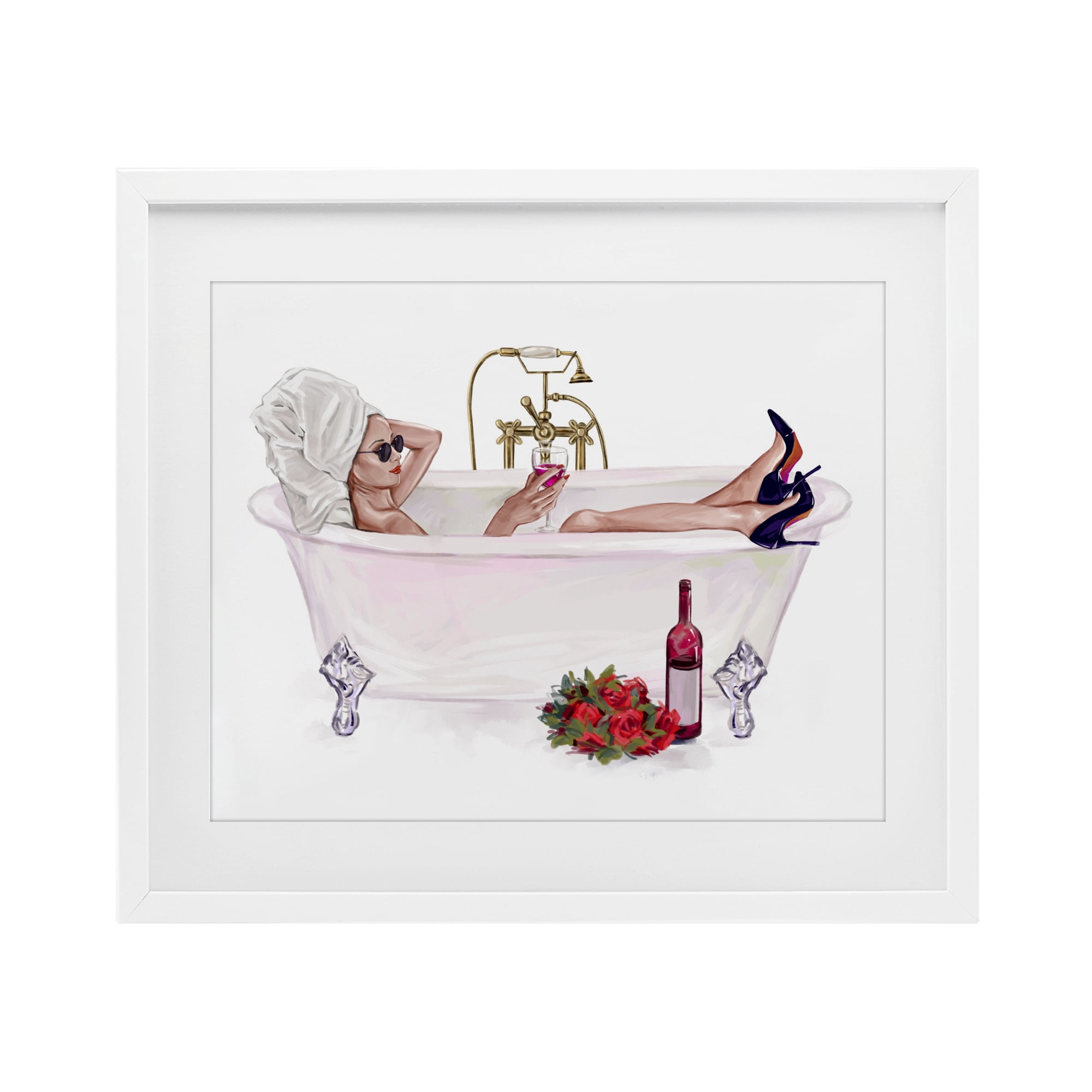 Woman with Wine Bath White Framed Print Under Glass, design by Ziwei Li