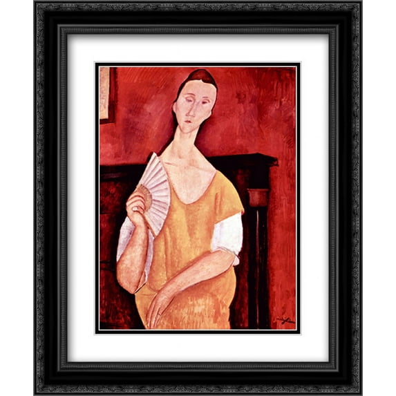 Woman with a Fan 2x Matted 15x18 Black Ornate Framed Art Print by Amedeo Modigliani