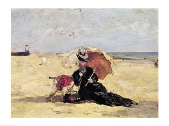 Woman with a Parasol on the Beach 1880 Canvas Art - Eugene louis Boudin (24 x 18)