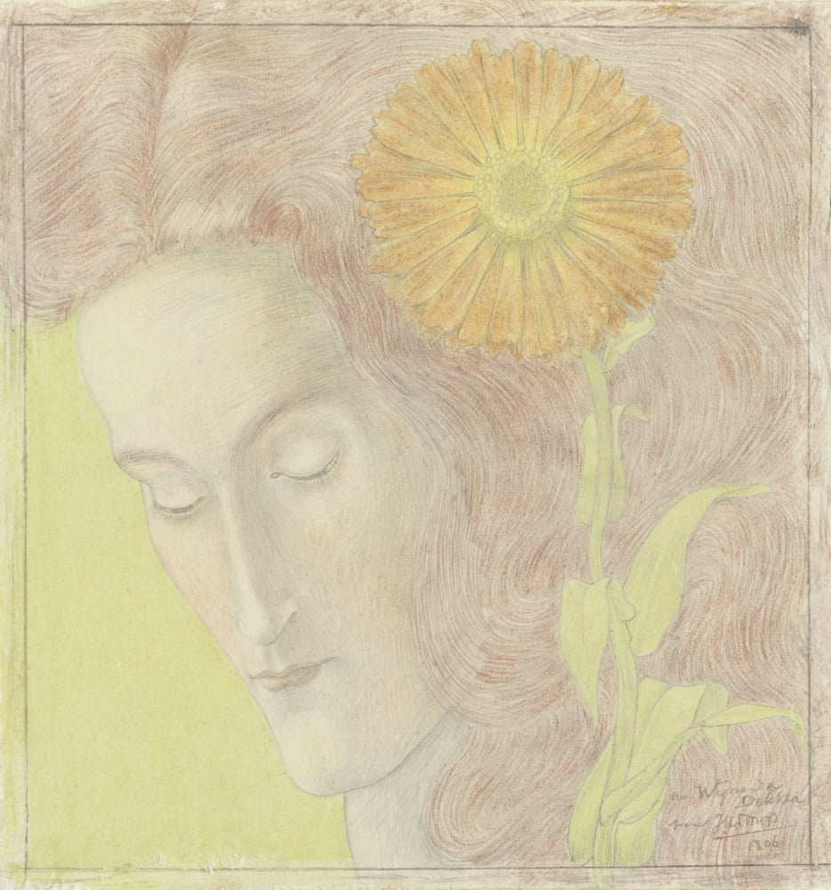 WomanS Head With Reddish Hair And Chrysanthemum Canvas Art - (18 x 24)