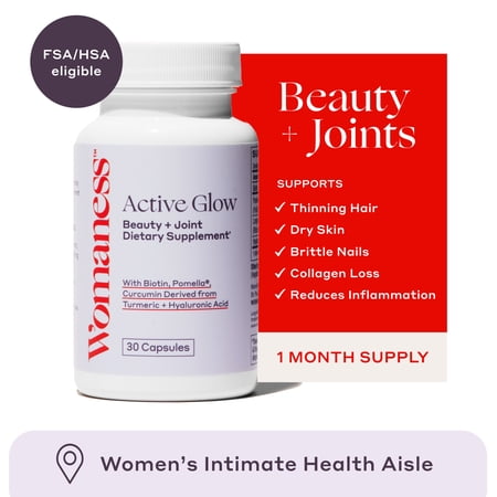 Womaness Active Glow, Hair, Skin & Nails Vitamin Supplement with Biotin & Longvida Curcumin for Joint Health, Dry Skin & Thinning Hair, 30 Capsules