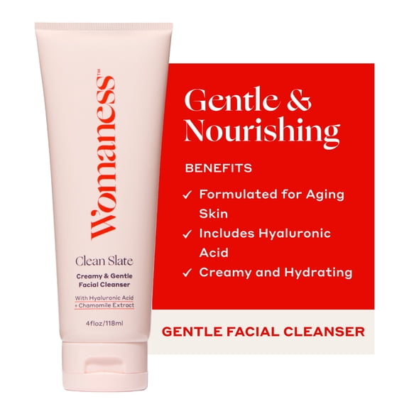 Womaness Clean Slate Creamy & Gentle Facial Cleanser for Sensitive Skin with Hyaluronic Acid & Chamomile Extract, Hydrating & Brightening, 4 fl oz