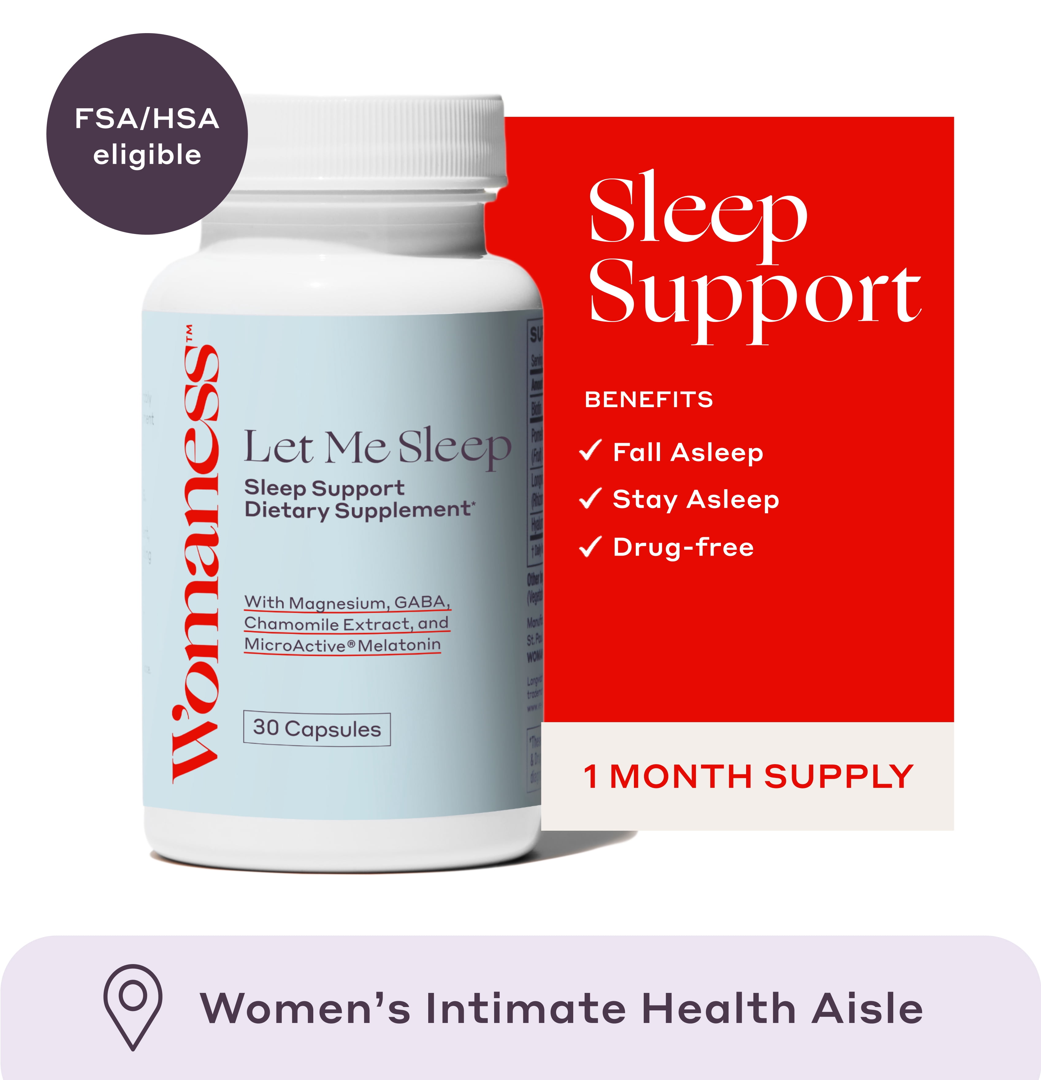 Womaness Let Me Sleep Menopause Sleep Support & Nighttime Support with Magnesium, GABA,Chamomile, & Micro Active Melatonin, 30 Capsules