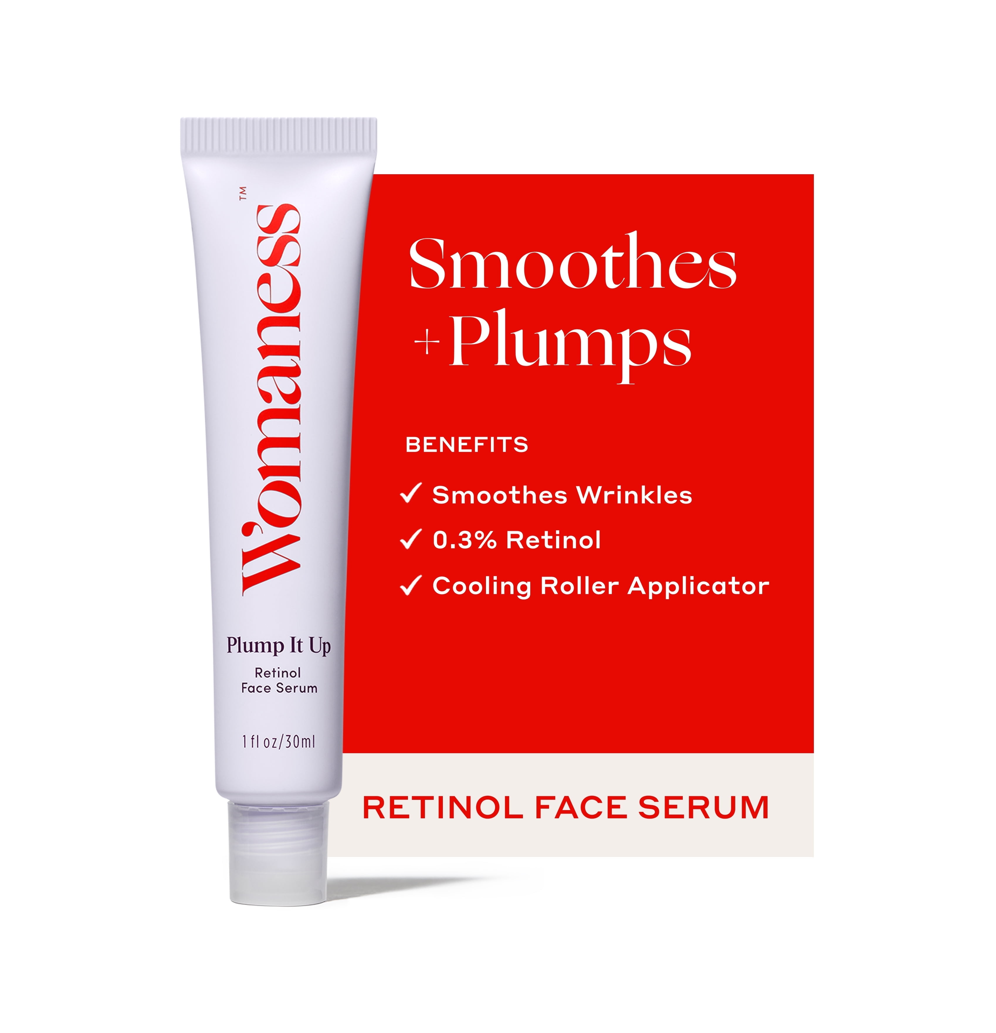 Womaness Plump It Up Retinol Serum, Roll-on Hyaluronic Acid Hydrating Serum, Collagen Boosting Retinol Fine Lines and Wrinkles Treatment, 30 ml