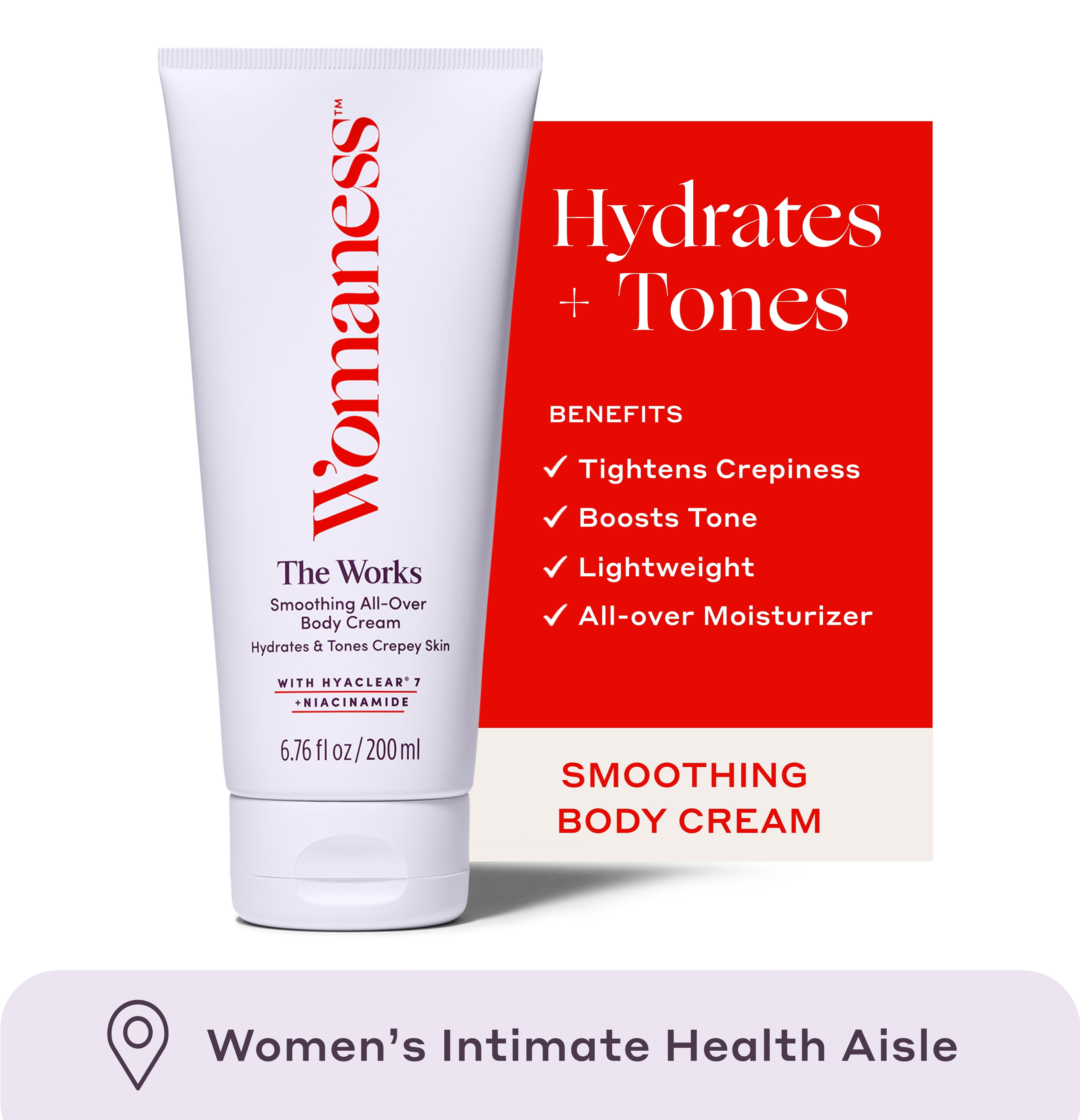Womaness The Works, All-over Hydrating & Smoothing Firming Body Lotion, Anti Aging Skin Tightening Cream with Hyaluronic Acid, 200 ml