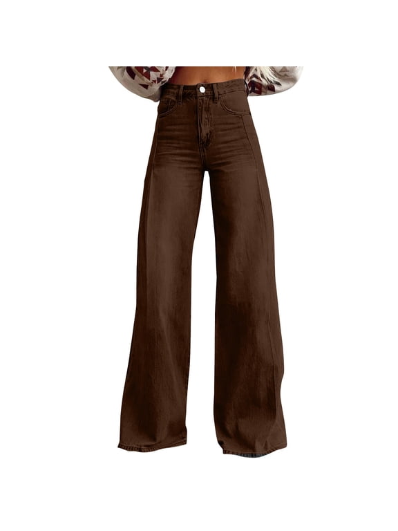 Womans Baggy Jean Summer Wide Leg Straight Pant Dark Wash Boyfriend Jeans Stretchy Y2K 90S Denim Pants for Women Trendy brown Small