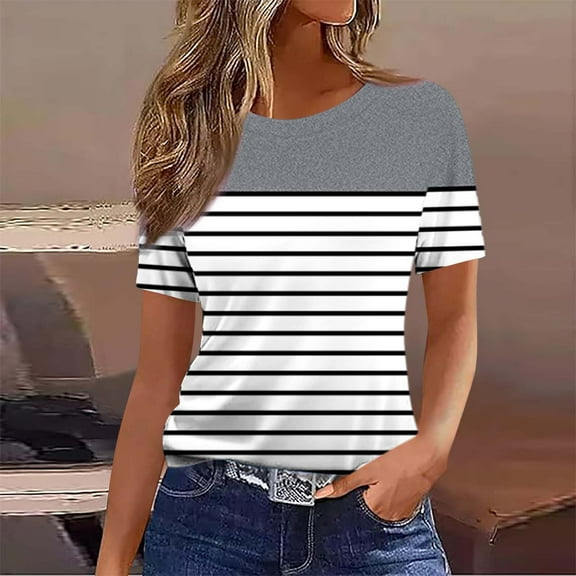 Womans Blouse Tops Women's Casual And Fashionable Printed T-shirt With Round Neck And Short Sleeved Top Gray M