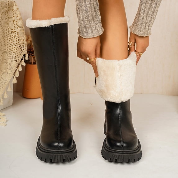 Womans Boots Winter Women Thickened Fleece Knee High Long Boots Chunky Heel Versatile Thick-Soled Warm Snow Boots for Casual Outdoor