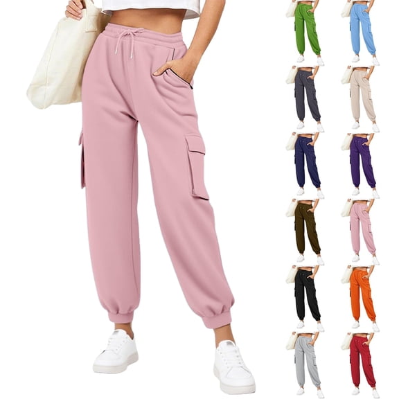 Womans Cargo Pants Yoga Pants Sweatpants Woman Women'S Elastic Lace-Up Casual Solid Color High-Waisted Zipper Pocket Tapered Sweatpants Pink XXL