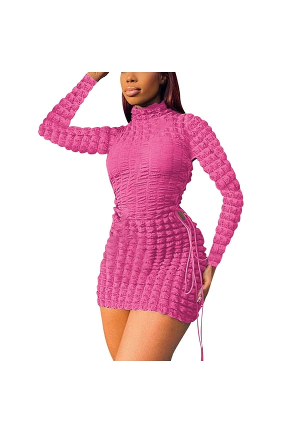 Womans Cut Out Sexy Bodycon Dress Tie Novelty Bubble Trendy Sexy Y2k Pagoda Long Sleeve Mini Club Dress