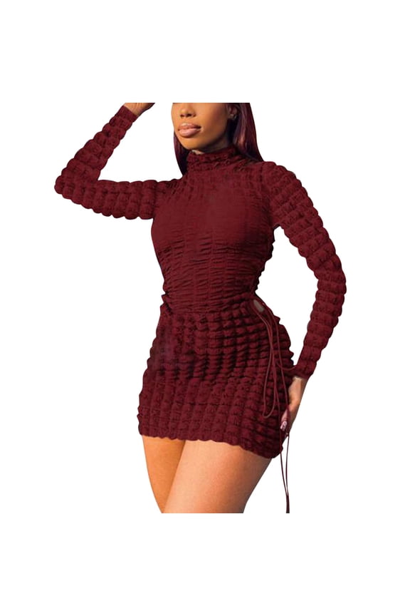 Womans Cut Out Sexy Bodycon Dress Tie Novelty Bubble Trendy Sexy Y2k Pagoda Long Sleeve Mini Club Dress
