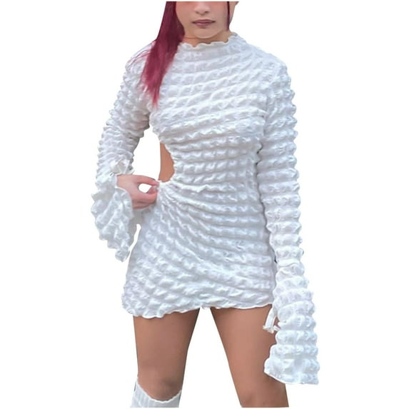 Womans Cut Out Sexy Bodycon Dress Tie Novelty Bubble Trendy Sexy Y2k Pagoda Long Sleeve Mini Club Dress