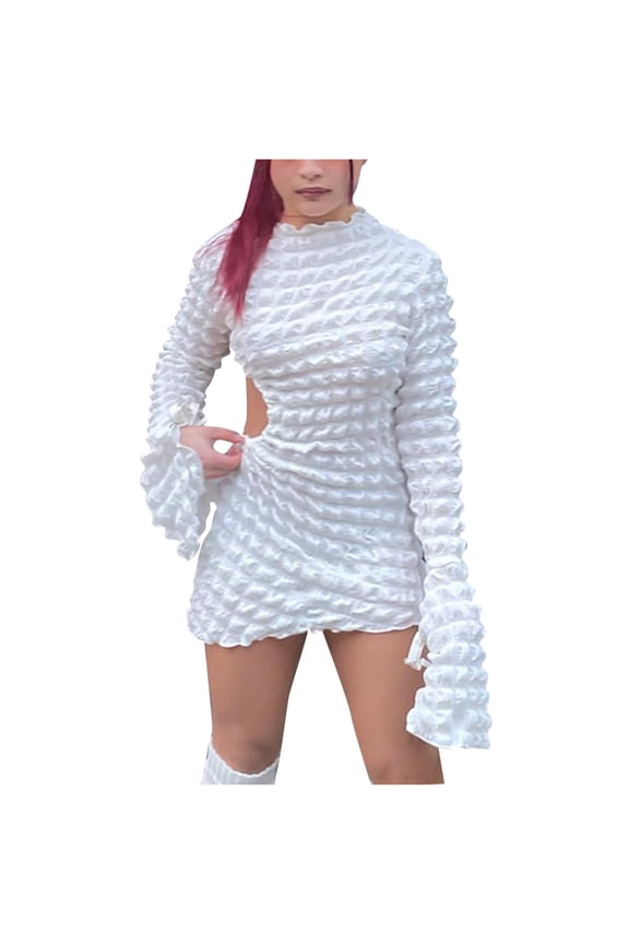 Womans Cut Out Sexy Bodycon Dress Tie Novelty Bubble Trendy Sexy Y2k Pagoda Long Sleeve Mini Club Dress
