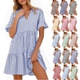 thumbnail image 1 of Womans Dress Ndbuld Women's Summer Striped V-neck Pleated Casual Mini Beach Dress With Pockets Blue S, 1 of 9