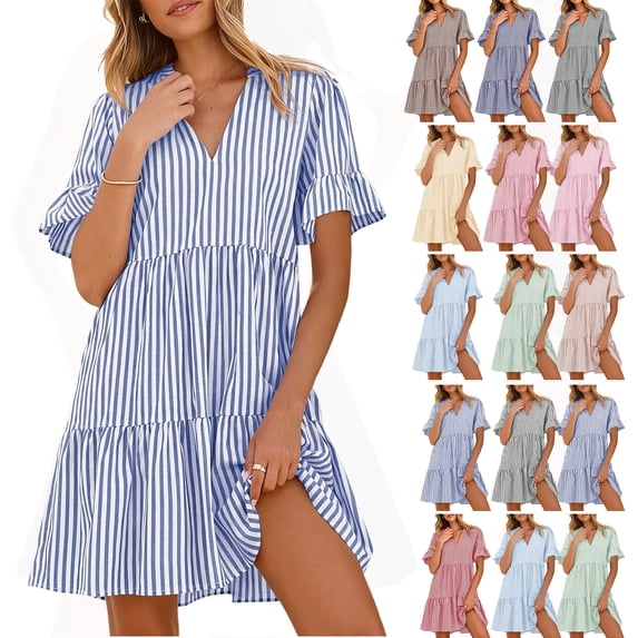 Womans Dress Ndbuld Women's Summer Striped V-neck Pleated Casual Mini Beach Dress With Pockets Blue S