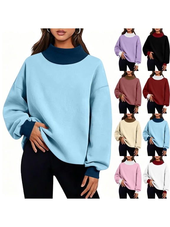 Womans Hoodie Cameland Women Casual Loose Turtleneck Long Sleeve Pullover Solid Blouse Sweatshirt Tops Beige,XXL