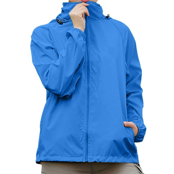 Womans Jacket Windbreaker Lightweight Zip Up Hooded Softshell Jacket Sporty Spring Summer Fall Outerwear Relaxed Fit Blue XS