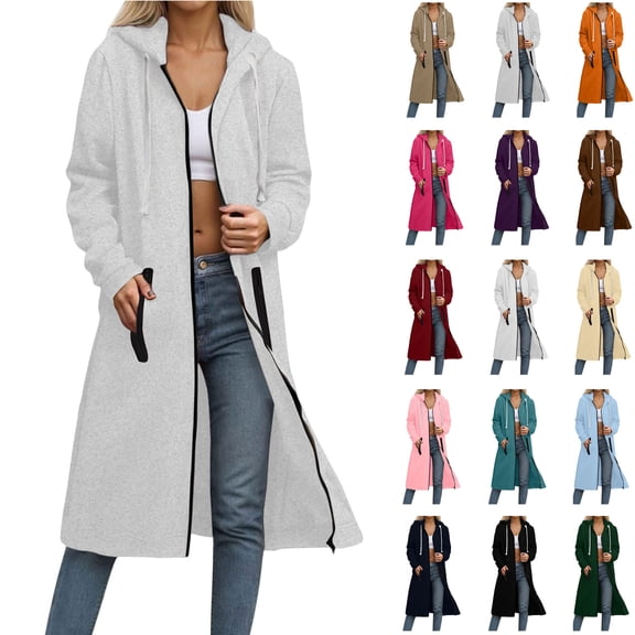 Womans Jackets Woman Coat Winter Woman Hoodies Women's Solid Color Zipper Double Pocket Sweatshirt Long Sleeved Hooded Zipper Long Casual Outwear Gray M