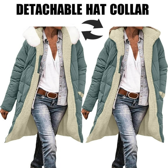 Womans Jackets Woman Hoodies Women's Winter Long Coat Long Sleeve Jacket Hooded Jacket With Pockets Detachable Hat Collar Mint Green S