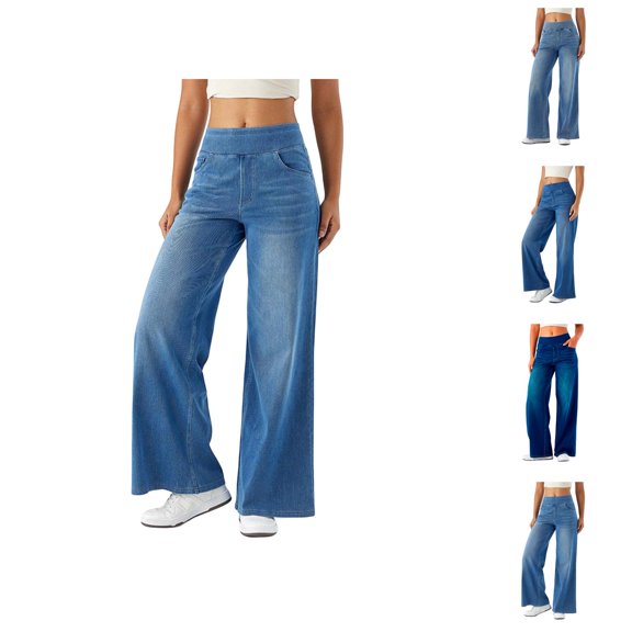 Womans Jeans 2026 Trendy Stretchy High Waisted Straight Leg Wide Leg Loose Fit Denim Pants with Pockets